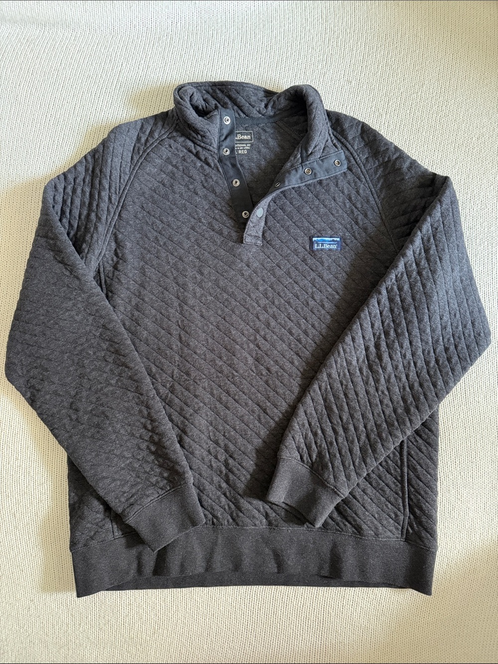 LL Bean Quarter Button Quilted Sweatshirt Gray/Black Size Large